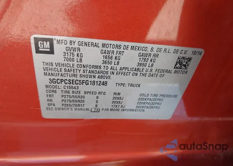 2015 Chevrolet Silverado 1500 1Lz from USA, damaged, VIN 3GCPCSEC5FG181248